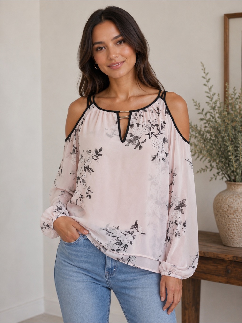 Ricki's Pink Floral Cold Shoulder Double Layer Blouse Top Size 4